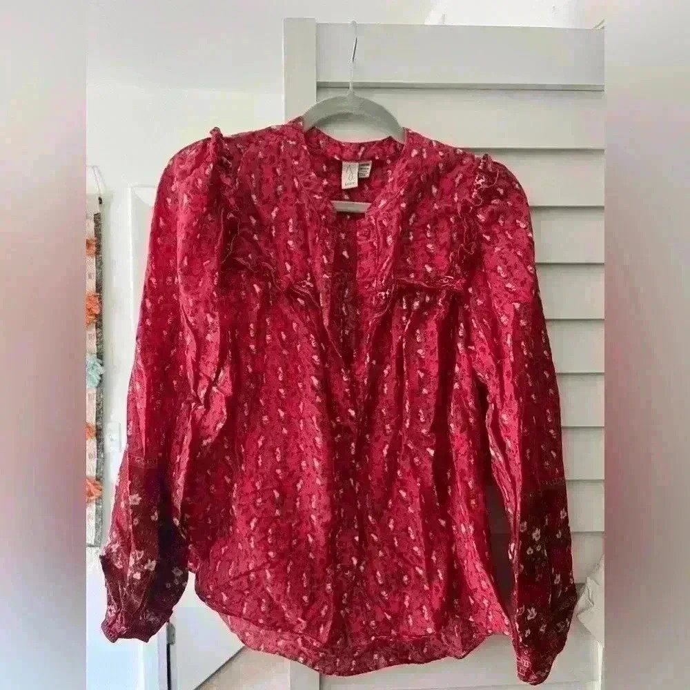 Joie Hot Pink Ruffle Peasant Blouse Button Front Full Puff Sleeve NWT